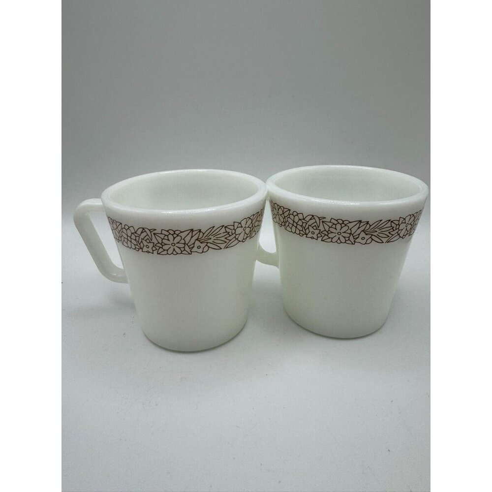 2 Pyrex Milk Glass Coffee Mugs D Handle Woodland Brown Flowers 70s